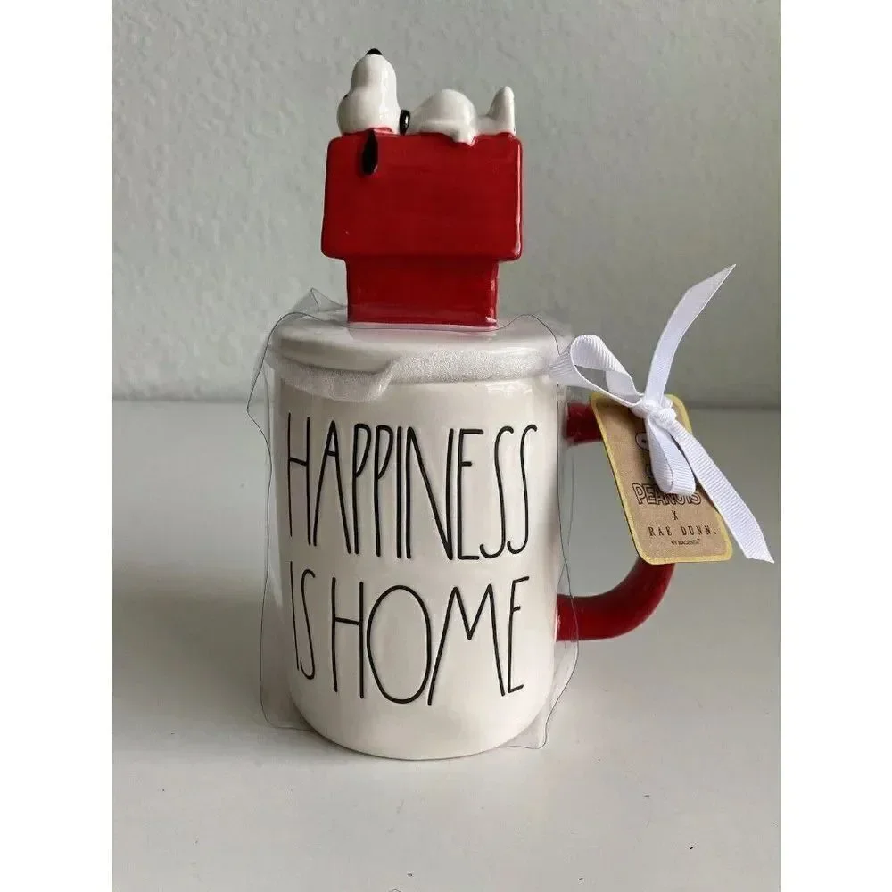 Rae Dunn Peanuts Happiness Is Home Snoopy Doghouse Mug‎ With Topper Ceramic Cup
